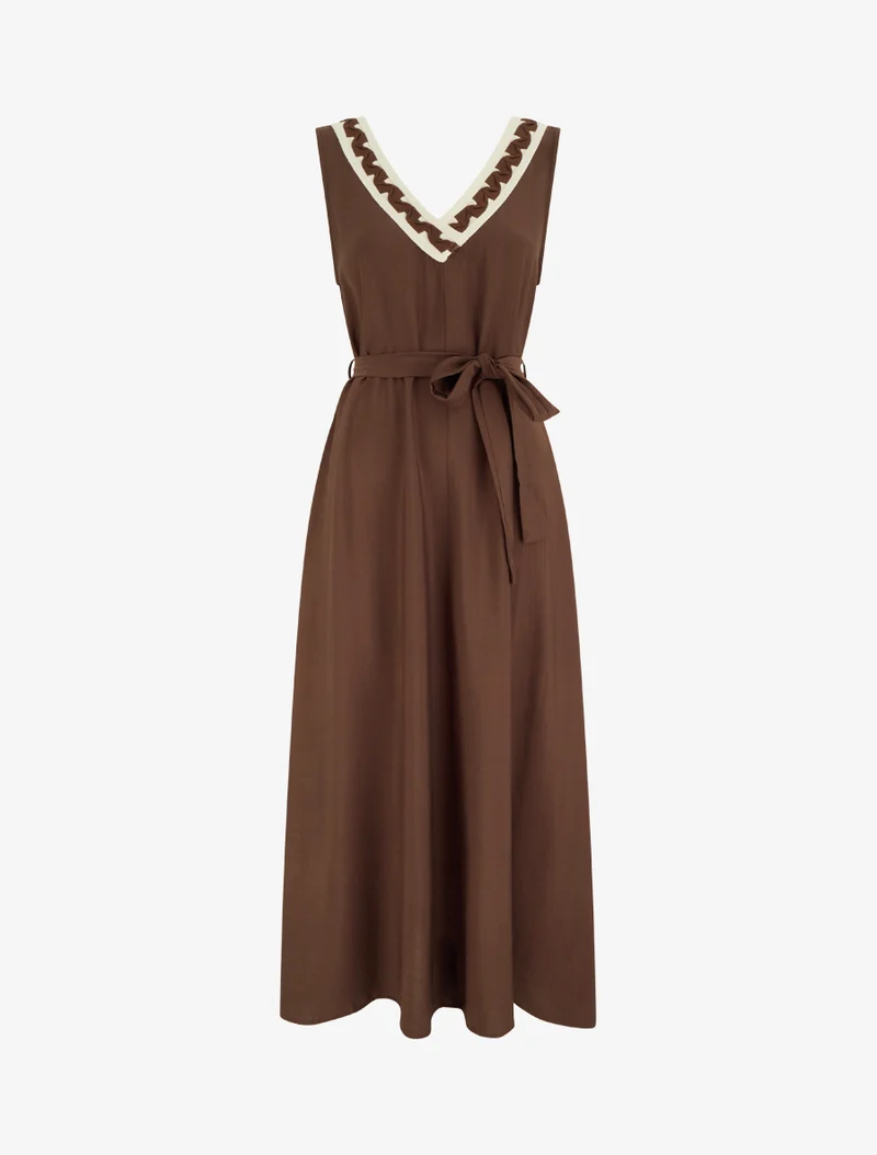 Robe longue sans manches à col V fantaisie - Marron