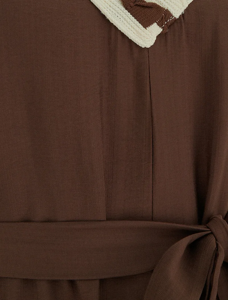Robe longue sans manches à col V fantaisie - Marron