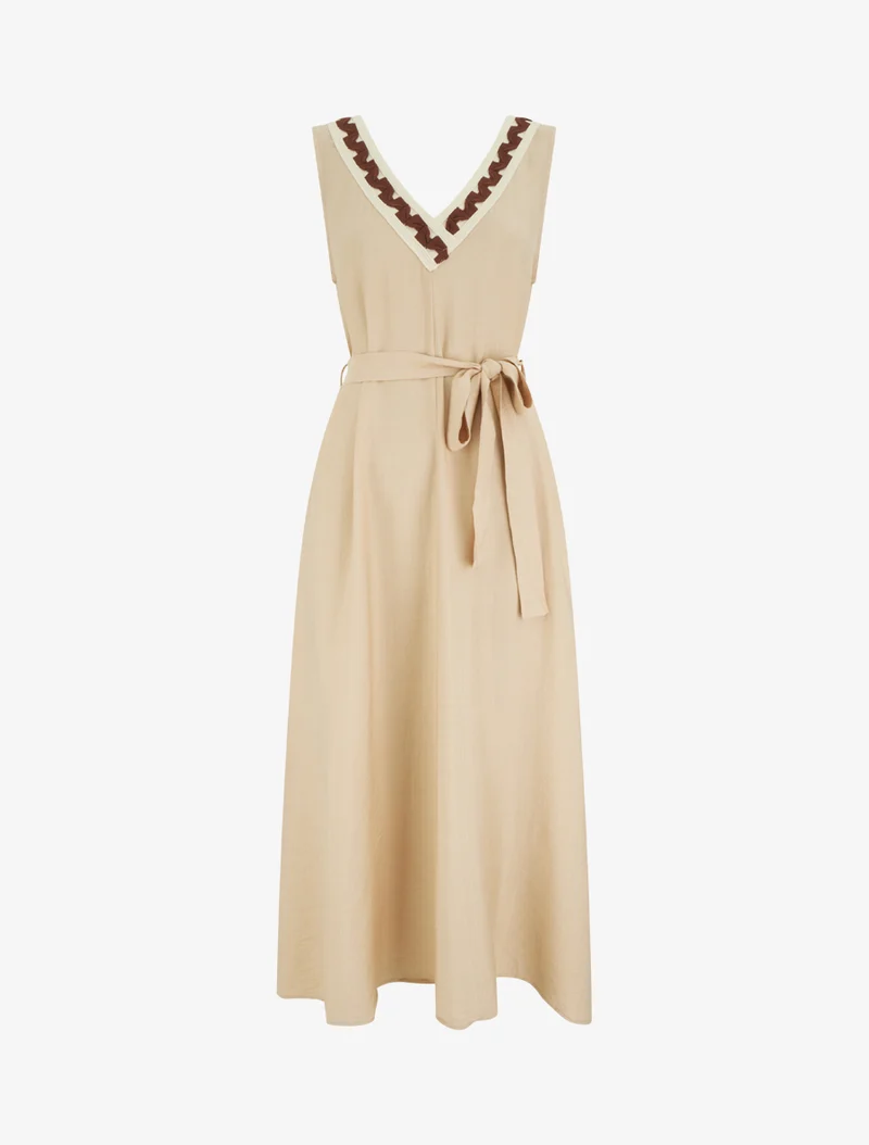 Robe longue sans manches à col V fantaisie - Beige