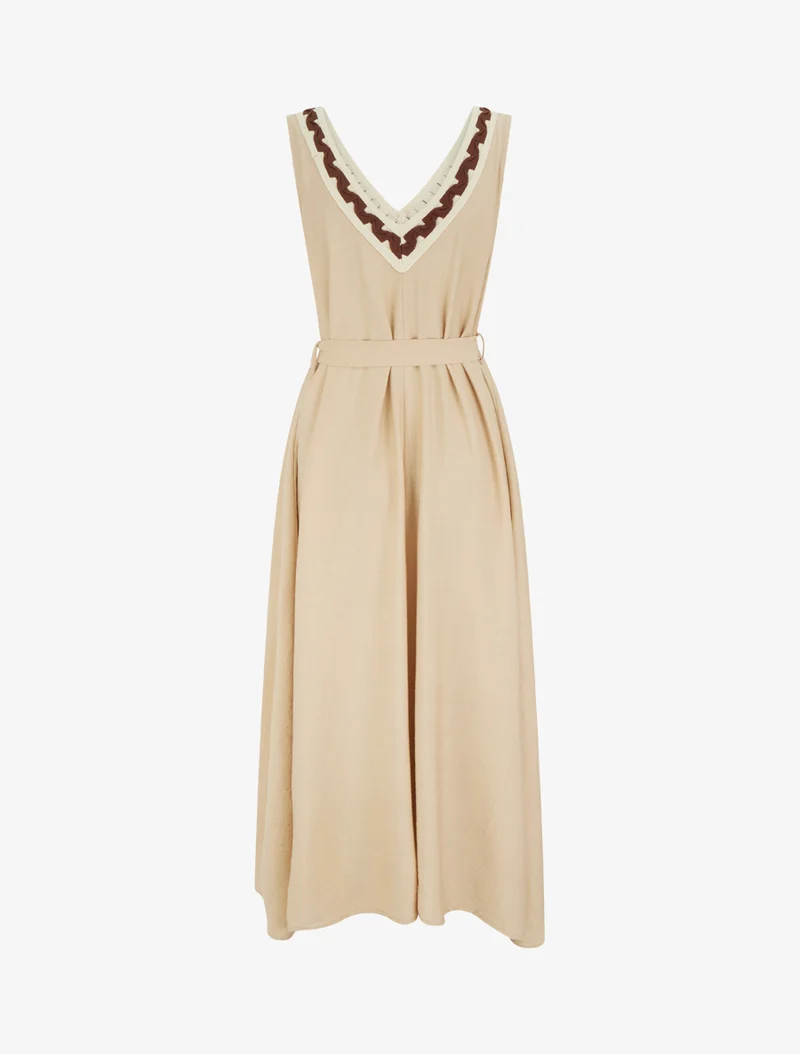 Robe longue sans manches à col V fantaisie - Beige