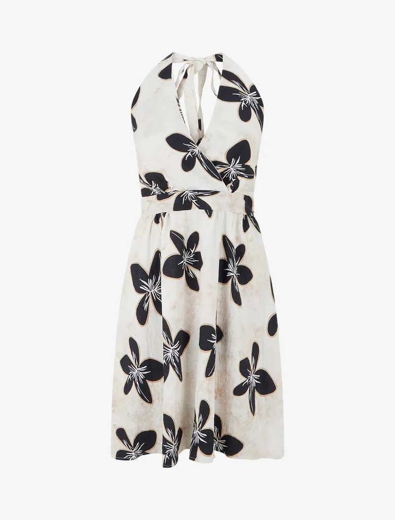 Robe mi-longue dos nu imprimé grandes fleurs - Bleu nuit