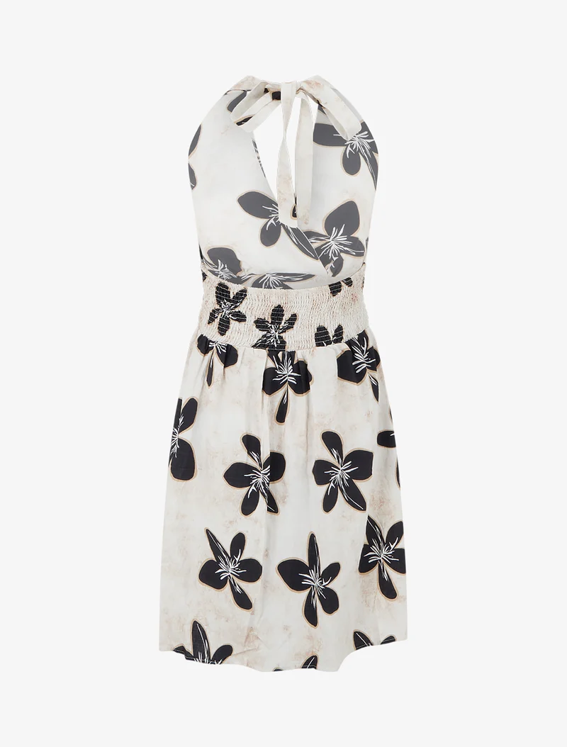 Robe mi-longue dos nu imprimé grandes fleurs - Bleu nuit