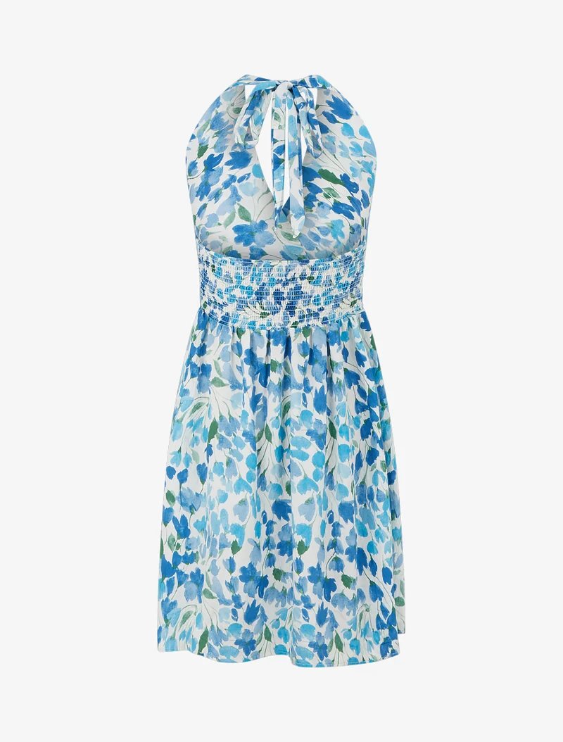 Robe mi-longue dos nu imprimé fleurs abstraites - Bleu