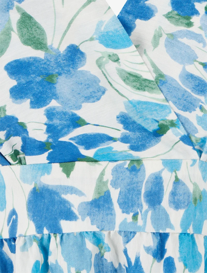 Robe mi-longue dos nu imprimé fleurs abstraites - Bleu