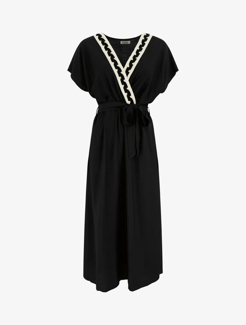 Robe longue manches courtes à col fantaisie - Noir