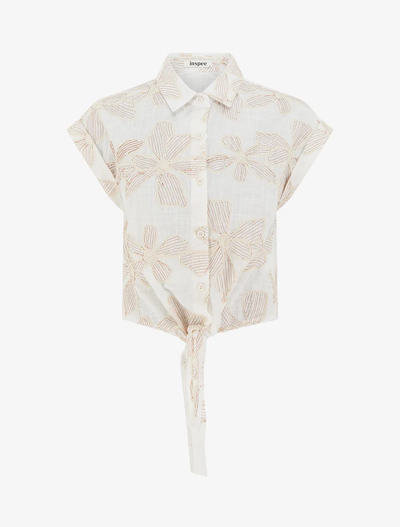 Chemise à nouer à broderies fleuries - Écru