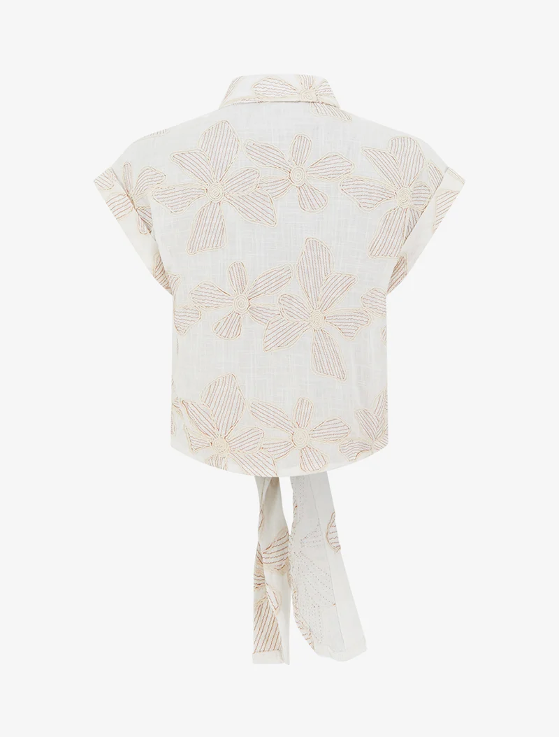 Chemise à nouer à broderies fleuries - Écru