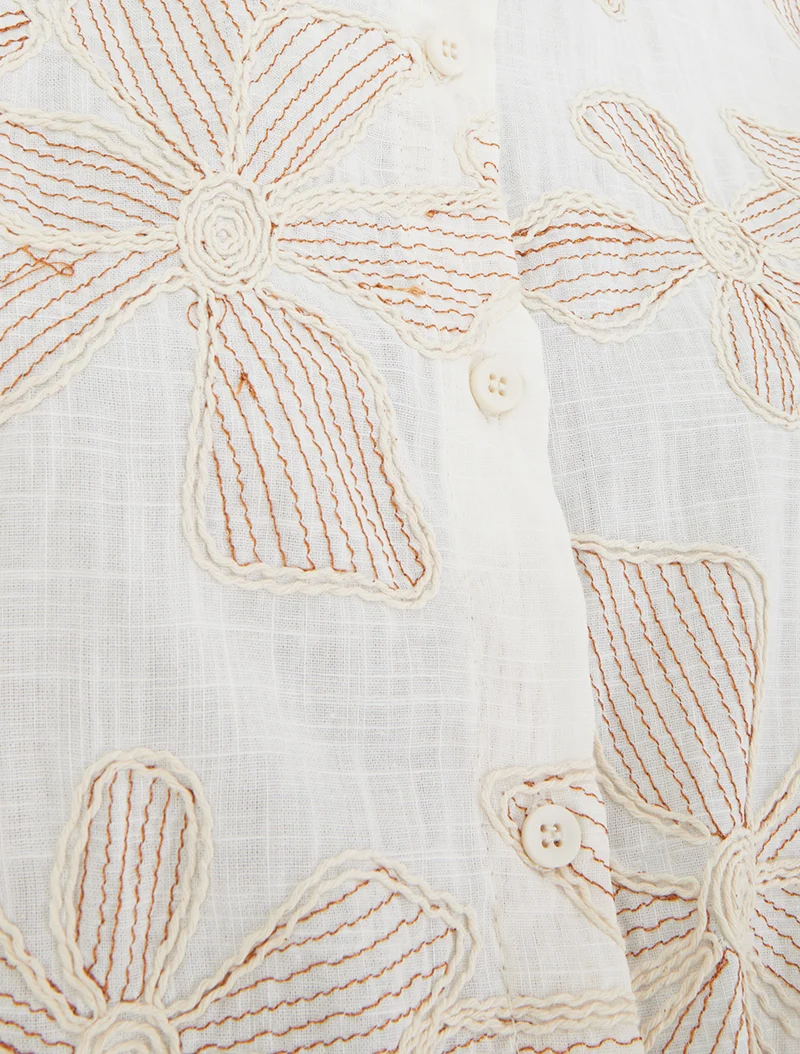 Chemise à nouer à broderies fleuries - Écru