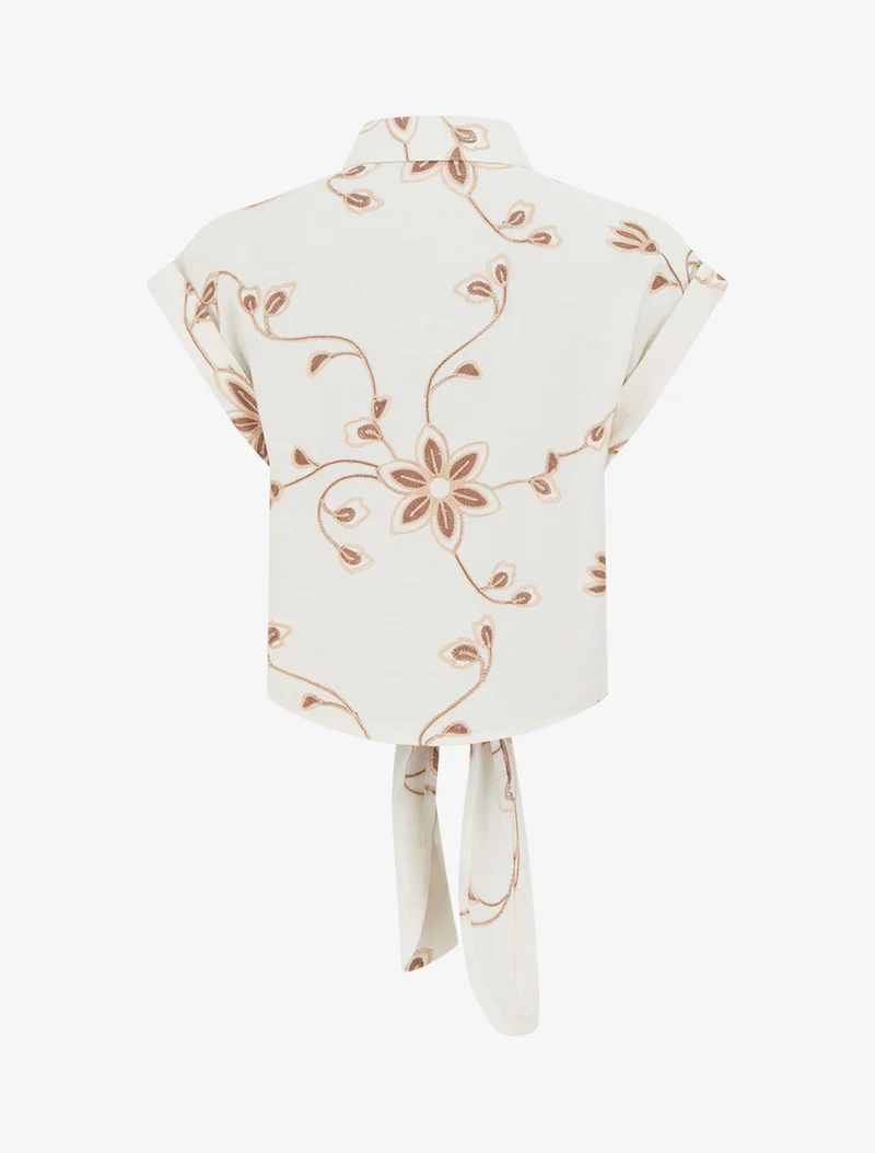 Chemise à nouer à broderies florales - Écru