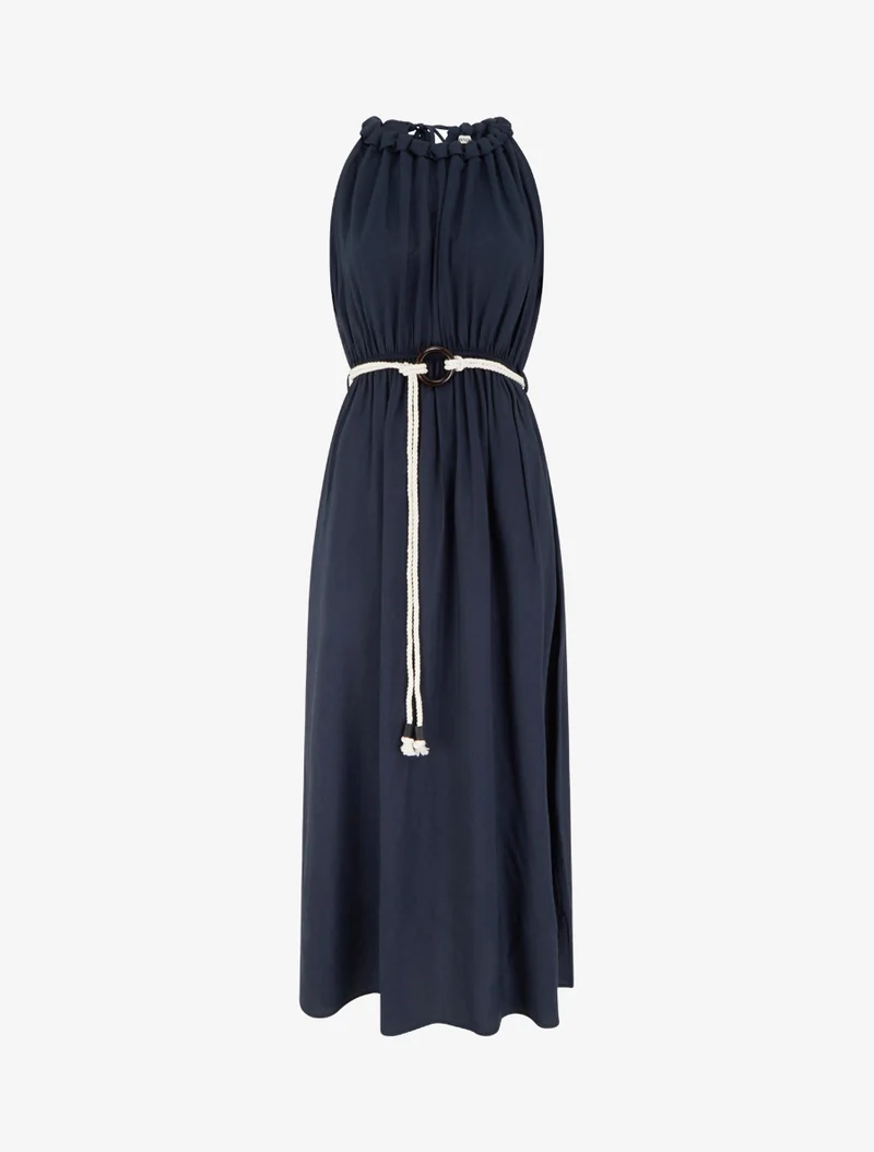 Robe longue unie à col rond stylisé - Marine