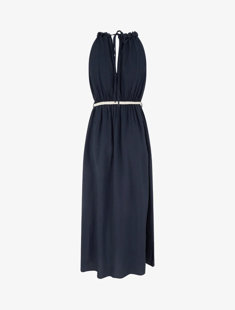 Robe longue unie à col rond stylisé - Marine