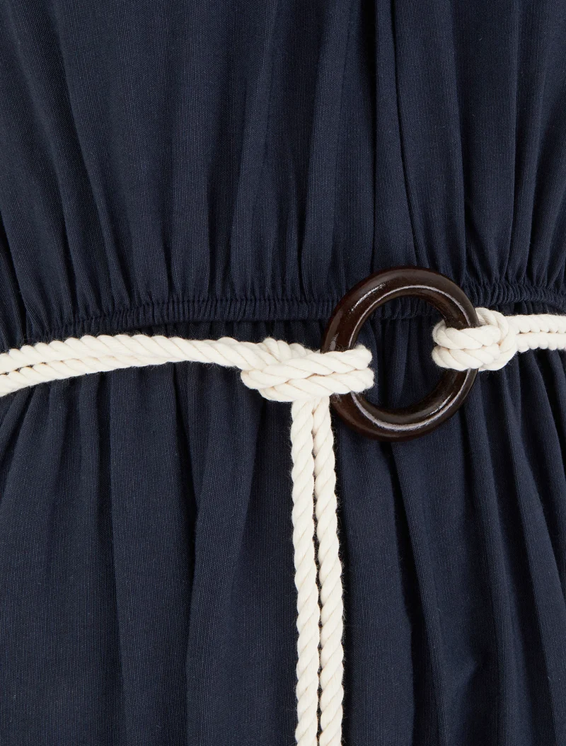 Robe longue unie à col rond stylisé - Marine