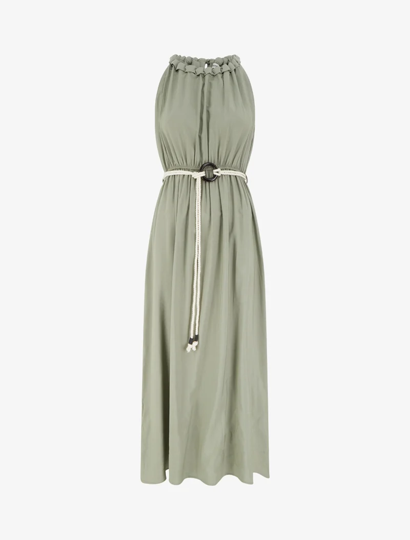 Robe longue unie à col rond stylisé - Kaki
