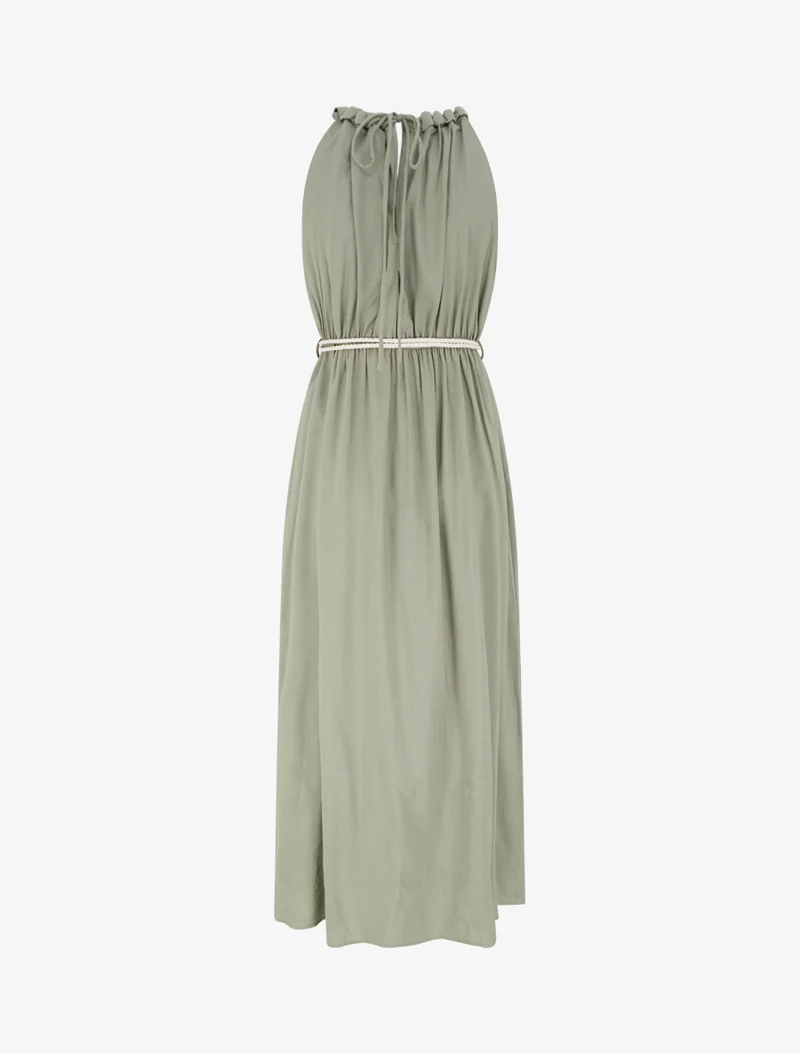 Robe longue unie à col rond stylisé - Kaki