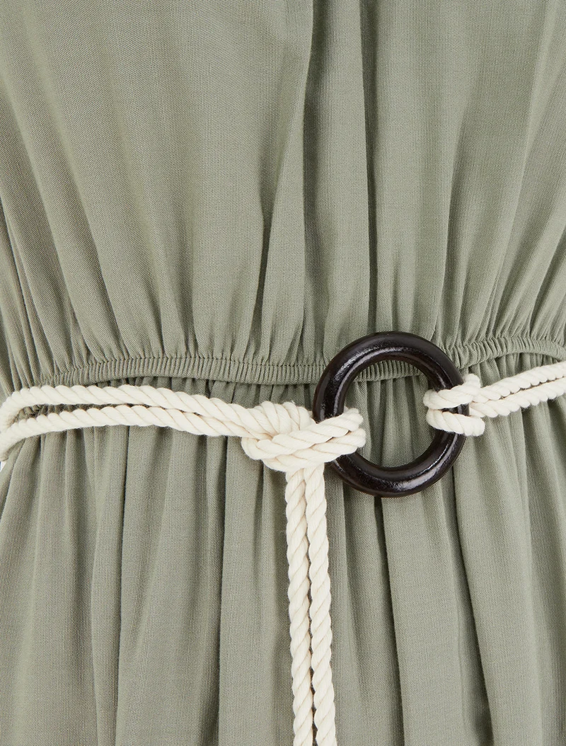 Robe longue unie à col rond stylisé - Kaki