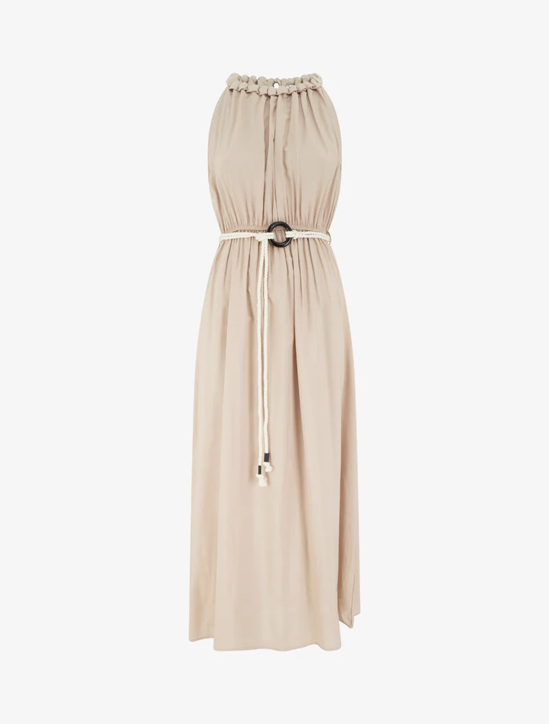 Robe longue unie à col rond stylisé - Taupe