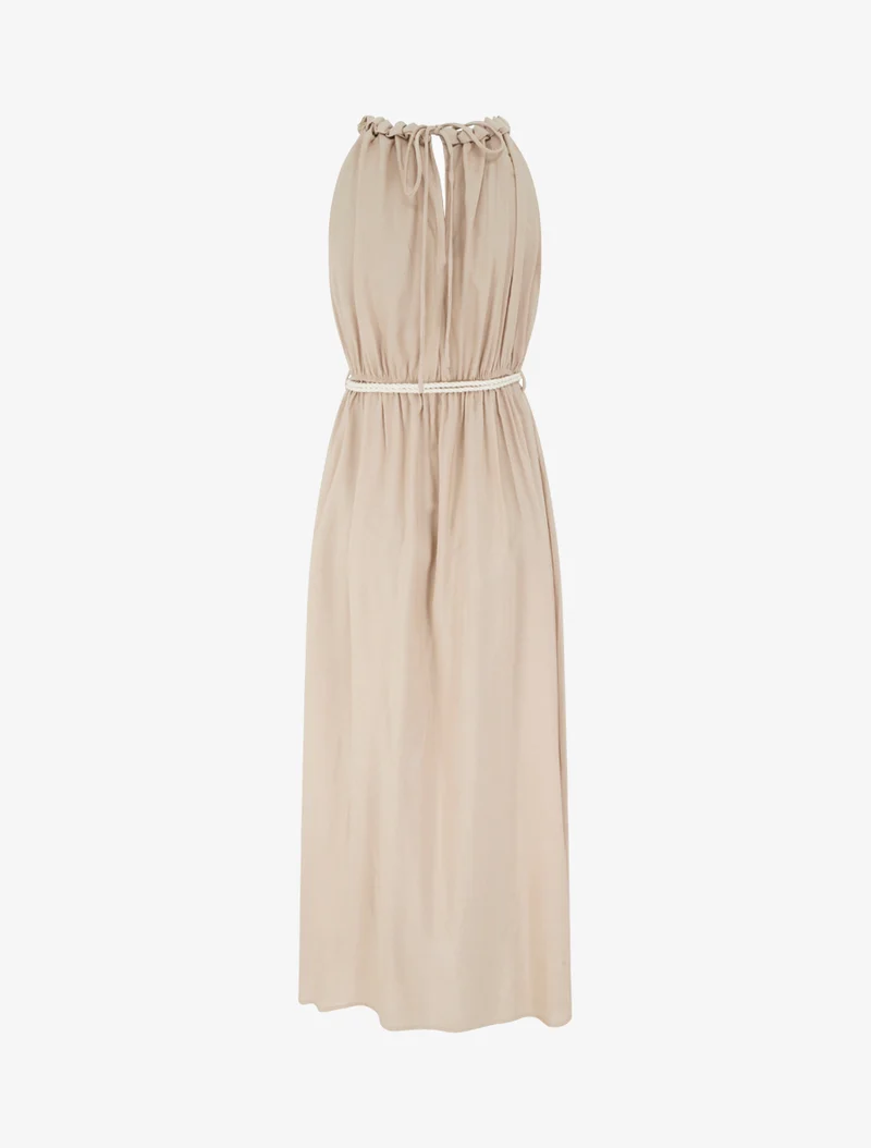 Robe longue unie à col rond stylisé - Taupe