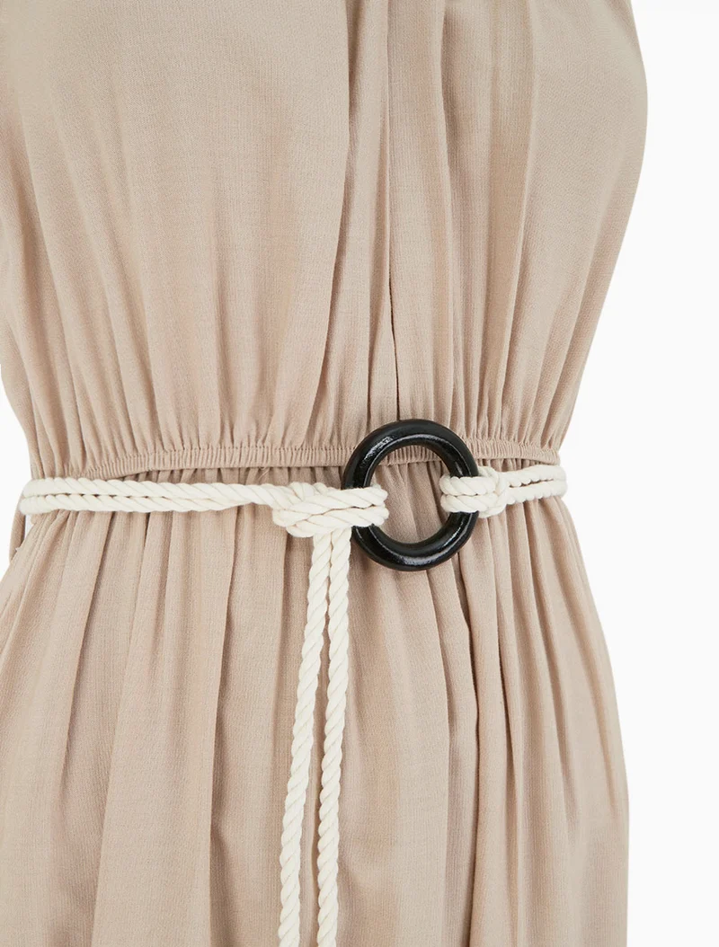 Robe longue unie à col rond stylisé - Taupe