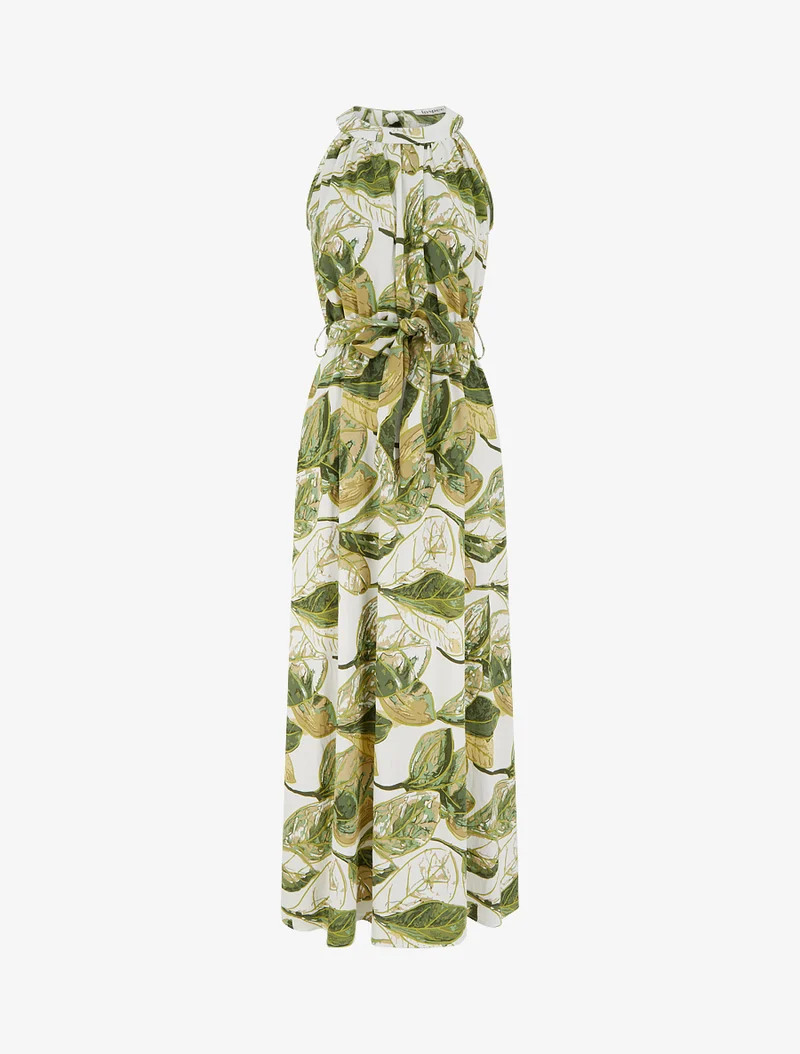 Robe longue élastiquée imprimé feuillage - Kaki