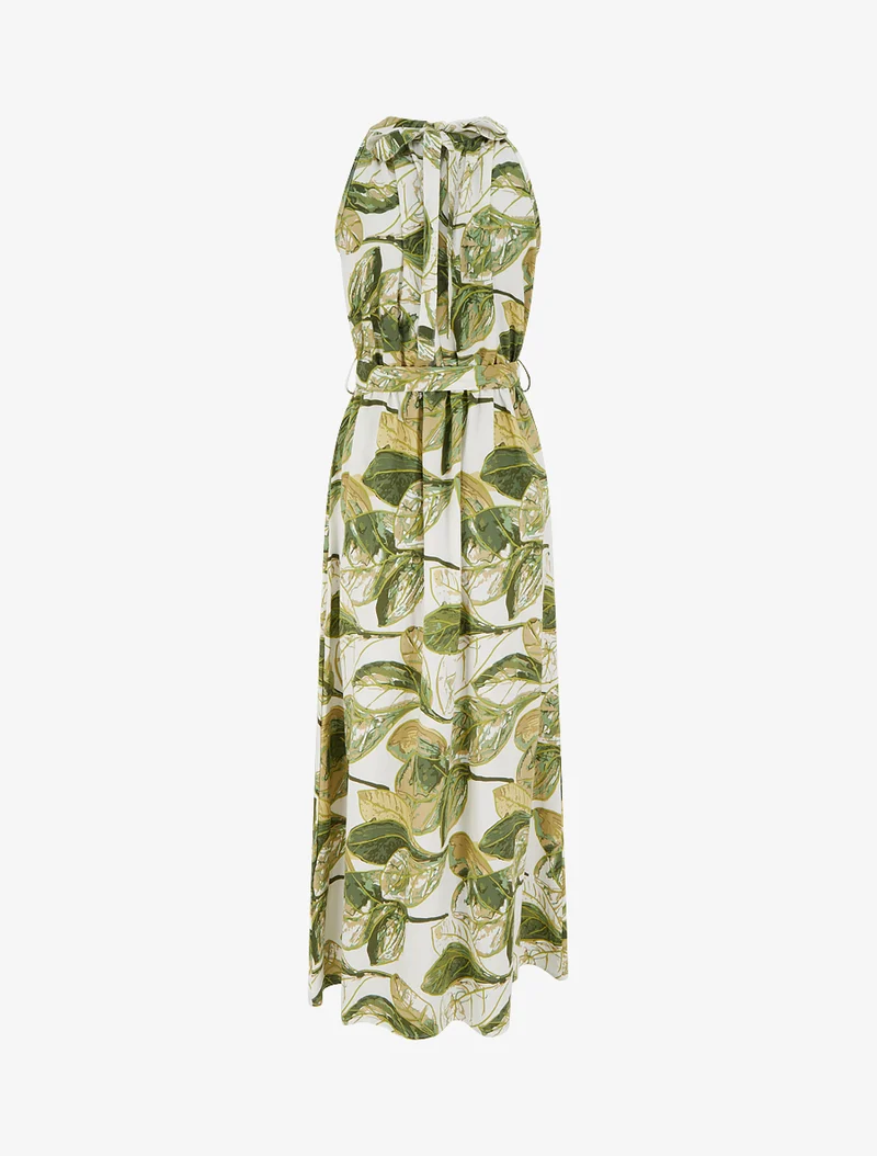 Robe longue élastiquée imprimé feuillage - Kaki