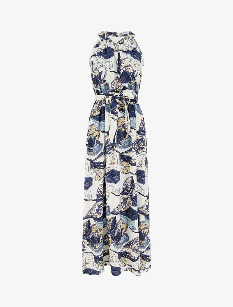 Robe longue élastiquée imprimé feuillage - Marine