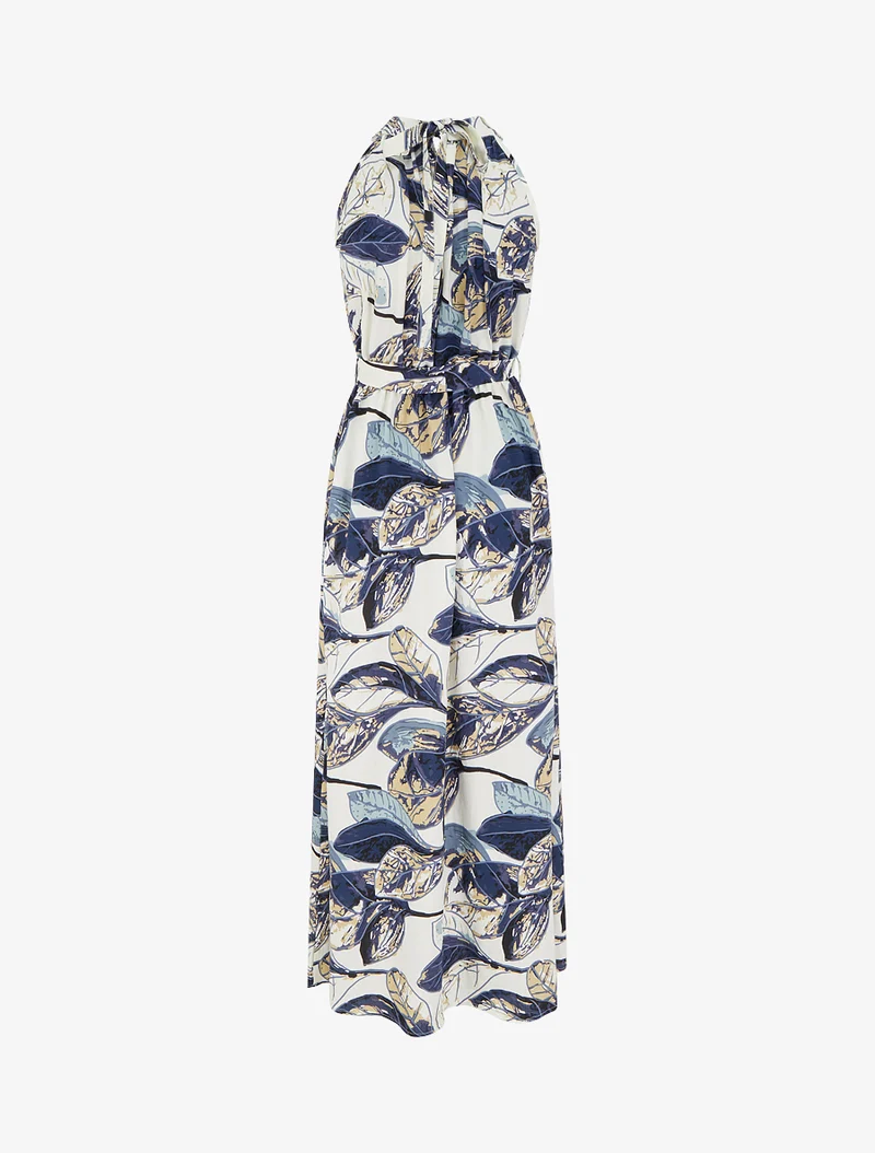 Robe longue élastiquée imprimé feuillage - Marine