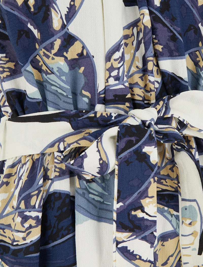 Robe longue élastiquée imprimé feuillage - Marine