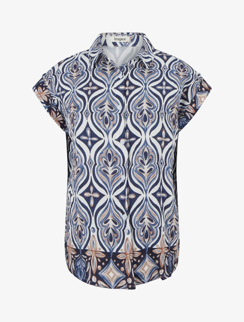 Chemise ample manches courtes à imprimé baroque - Marine