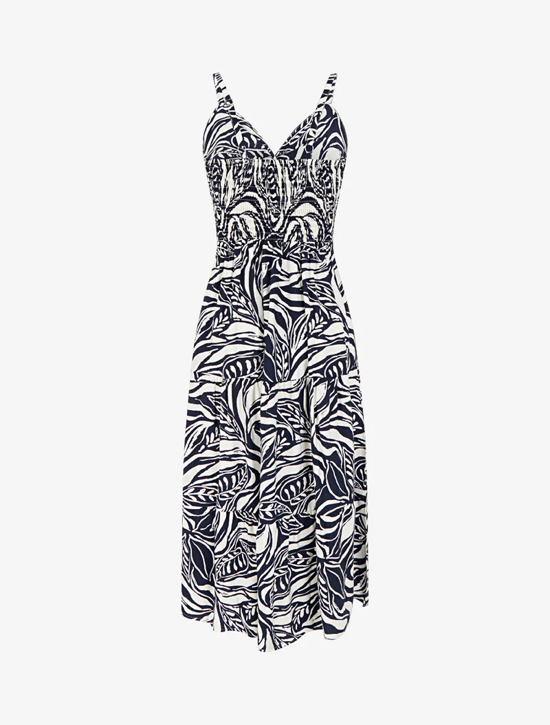 Robe longue à bretelles et imprimé stylisé - Marine