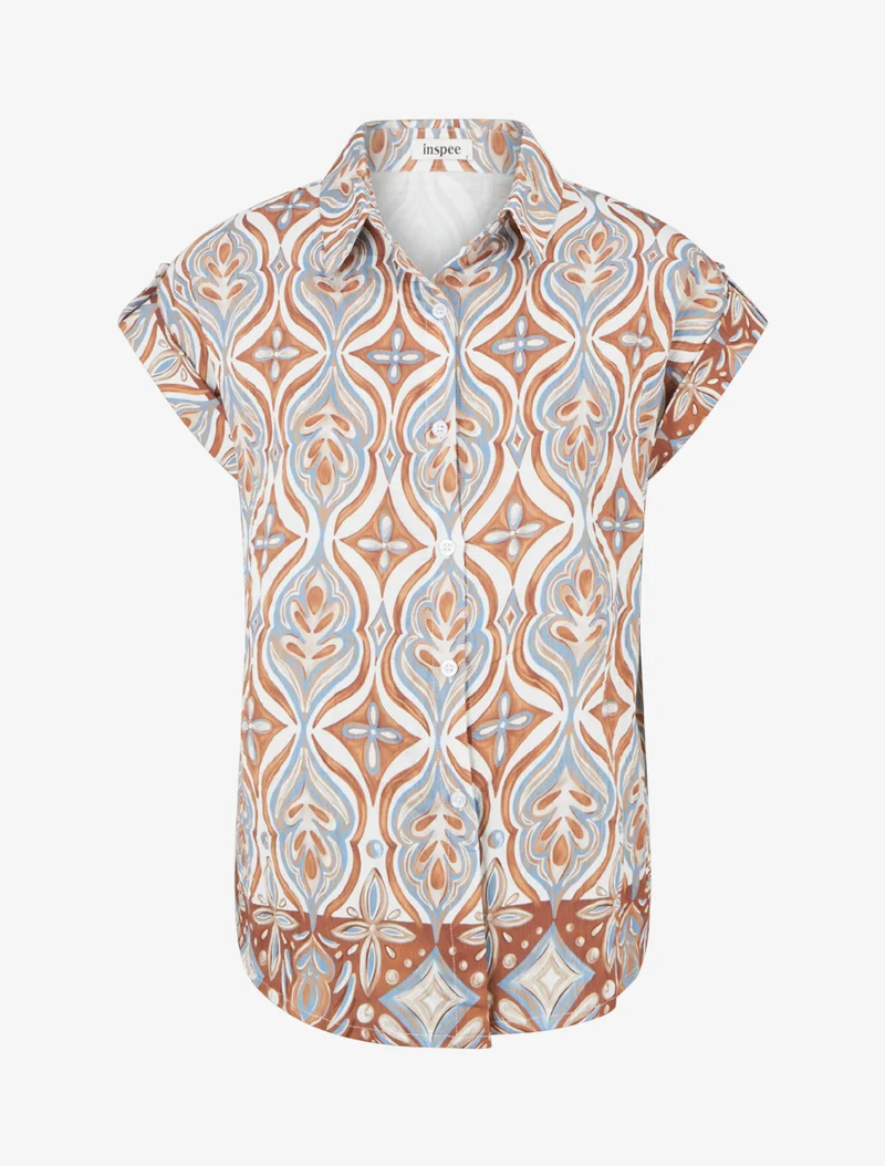 Chemise ample manches courtes à imprimé baroque - Camel