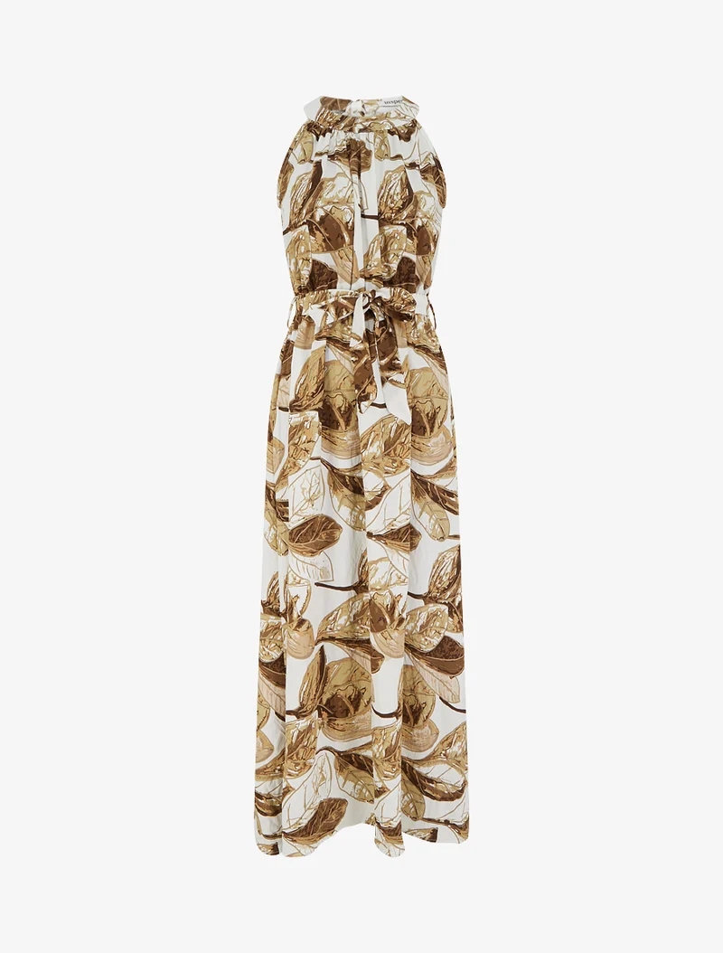 Robe longue élastiquée imprimé feuillage - Marron