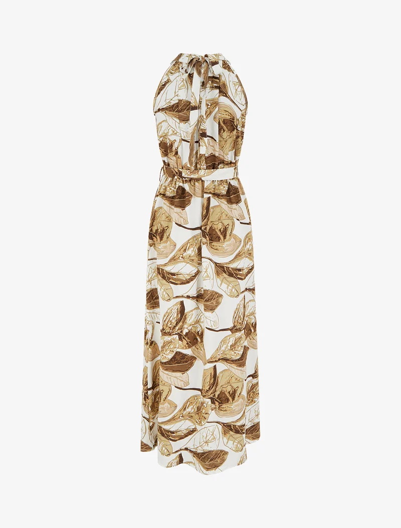 Robe longue élastiquée imprimé feuillage - Marron