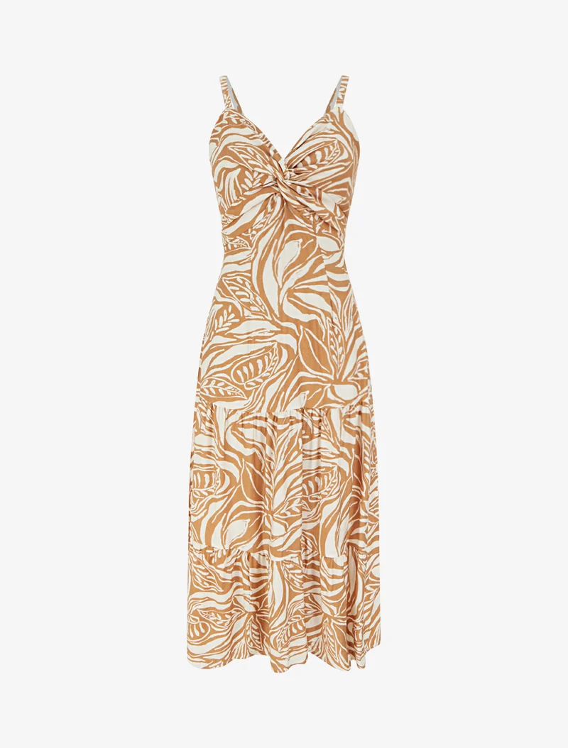 Robe longue à bretelles et imprimé stylisé - Camel