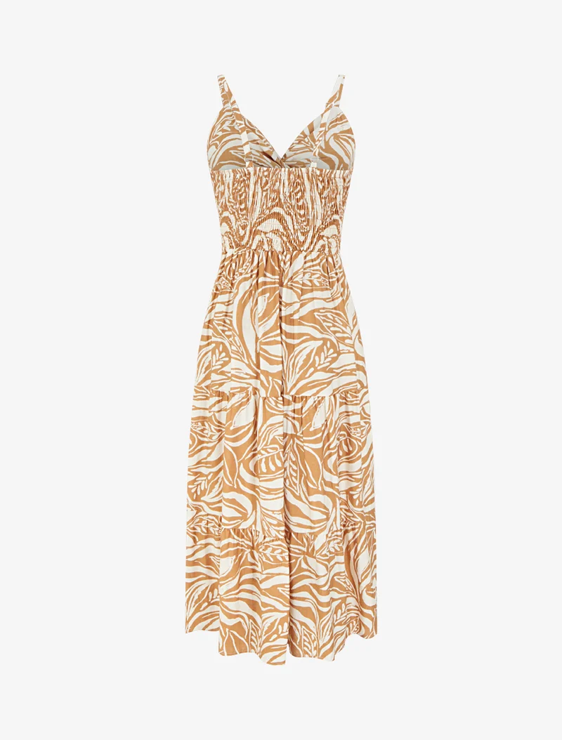 Robe longue à bretelles et imprimé stylisé - Camel