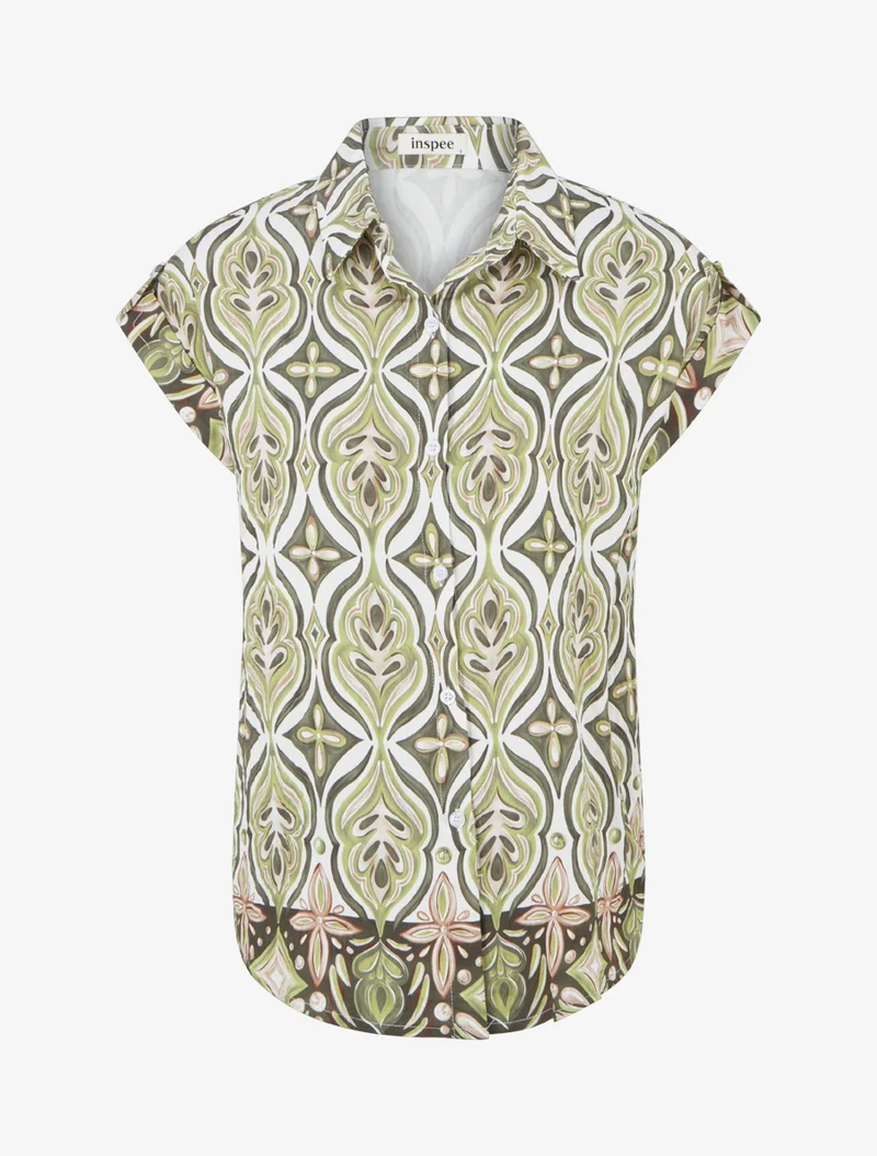 Chemise ample manches courtes à imprimé baroque - Kaki