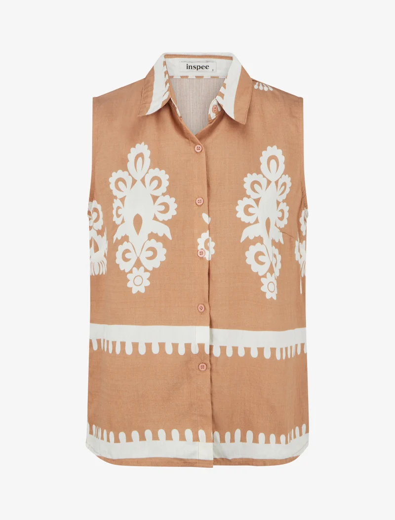 Chemise sans manches imprimé arabesques - Camel
