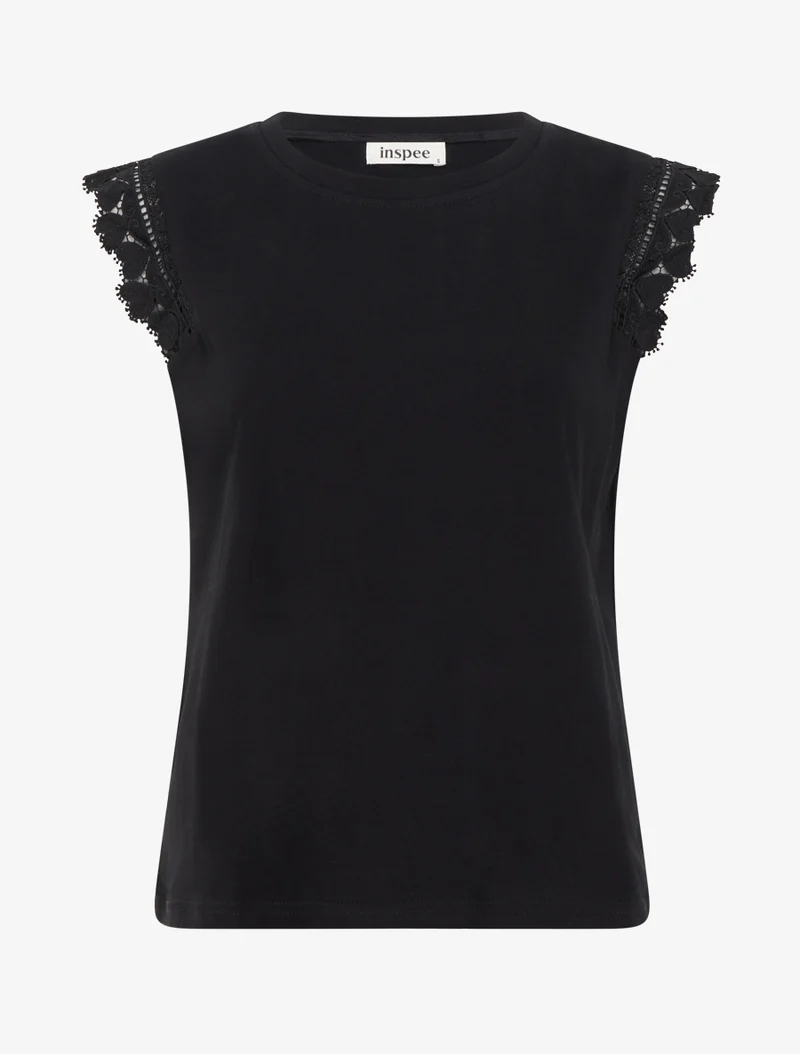 Top droit à épaules en dentelle - Noir