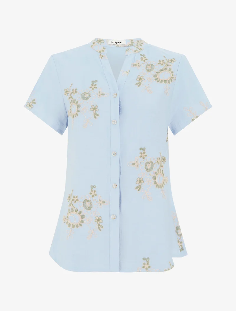 Blouse manches courtes à broderies fleuries - Bleu ciel