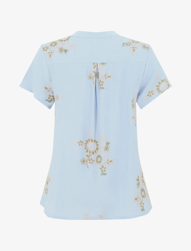 Blouse manches courtes à broderies fleuries - Bleu ciel