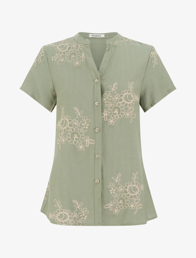 Blouse manches courtes à broderies fleuries - Kaki