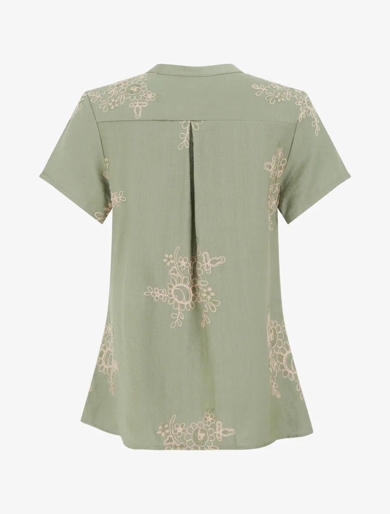 Blouse manches courtes à broderies fleuries - Kaki