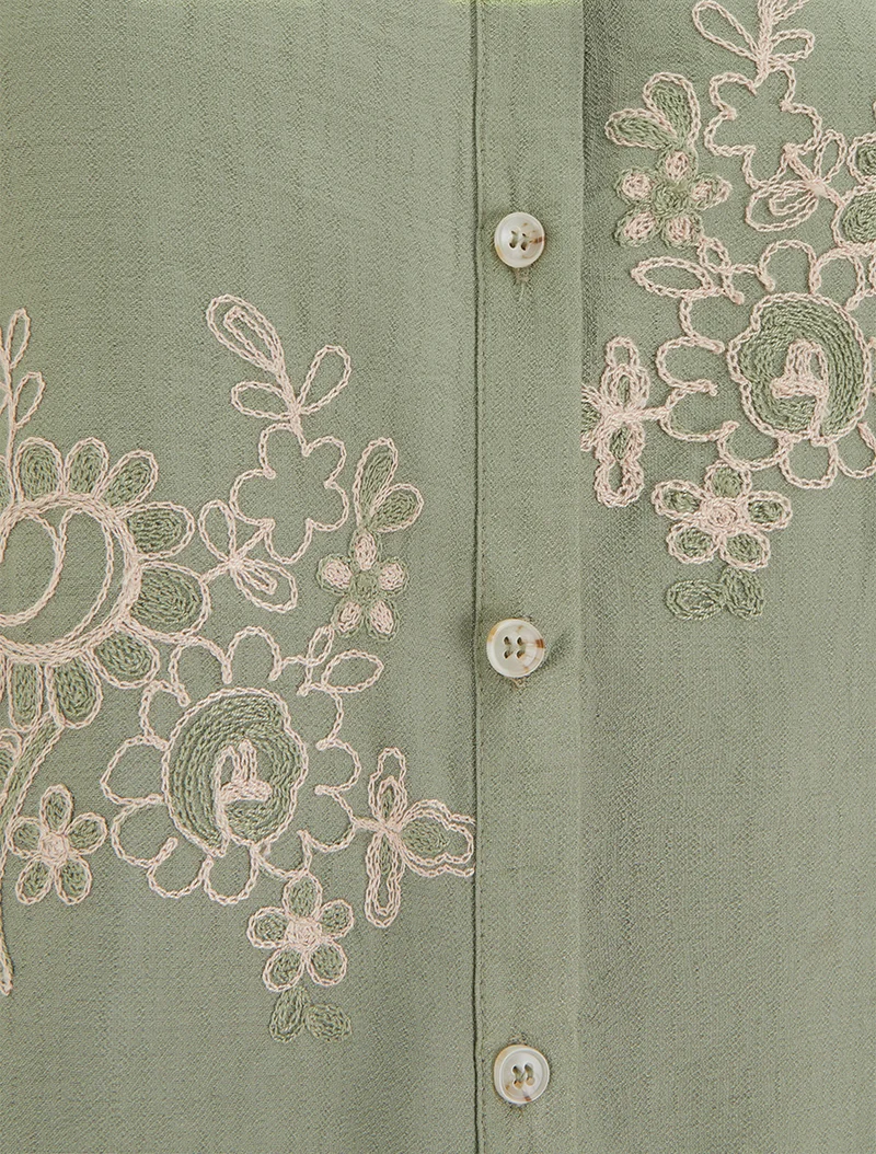 Blouse manches courtes à broderies fleuries - Kaki