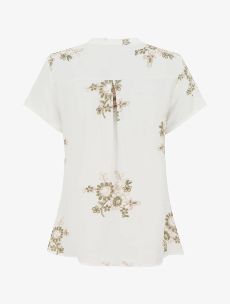 Blouse manches courtes à broderies fleuries - Blanc