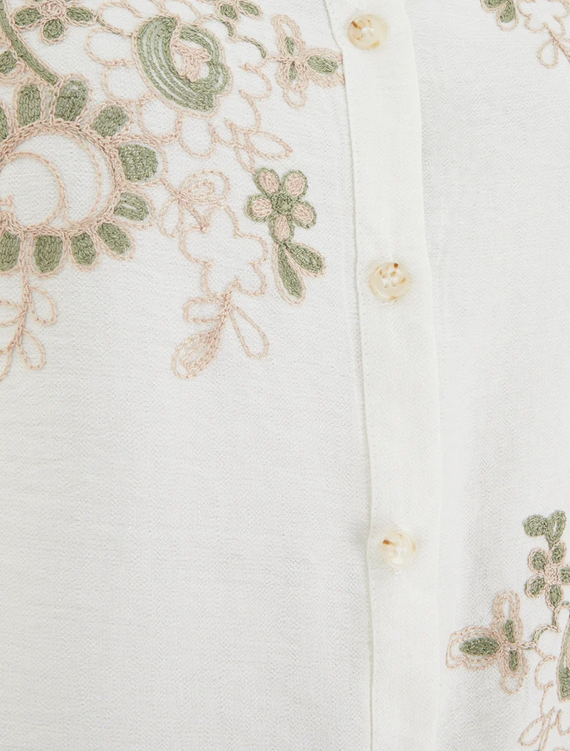 Blouse manches courtes à broderies fleuries - Blanc