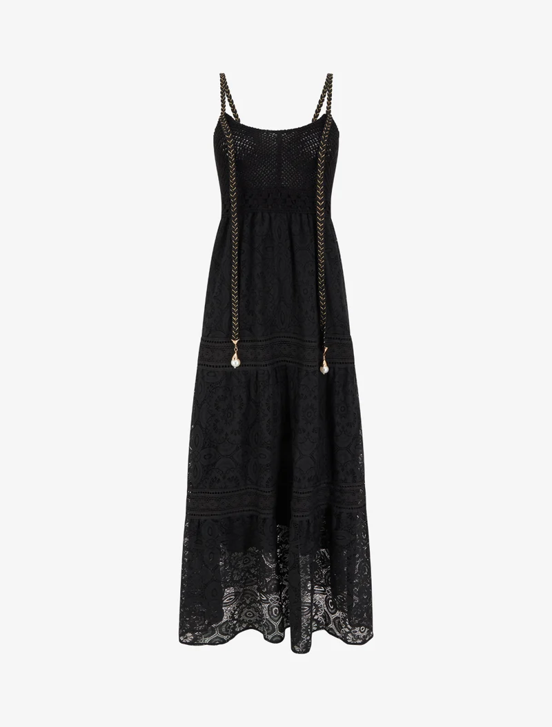 Robe longue en dentelle à bretelles tressées - Noir