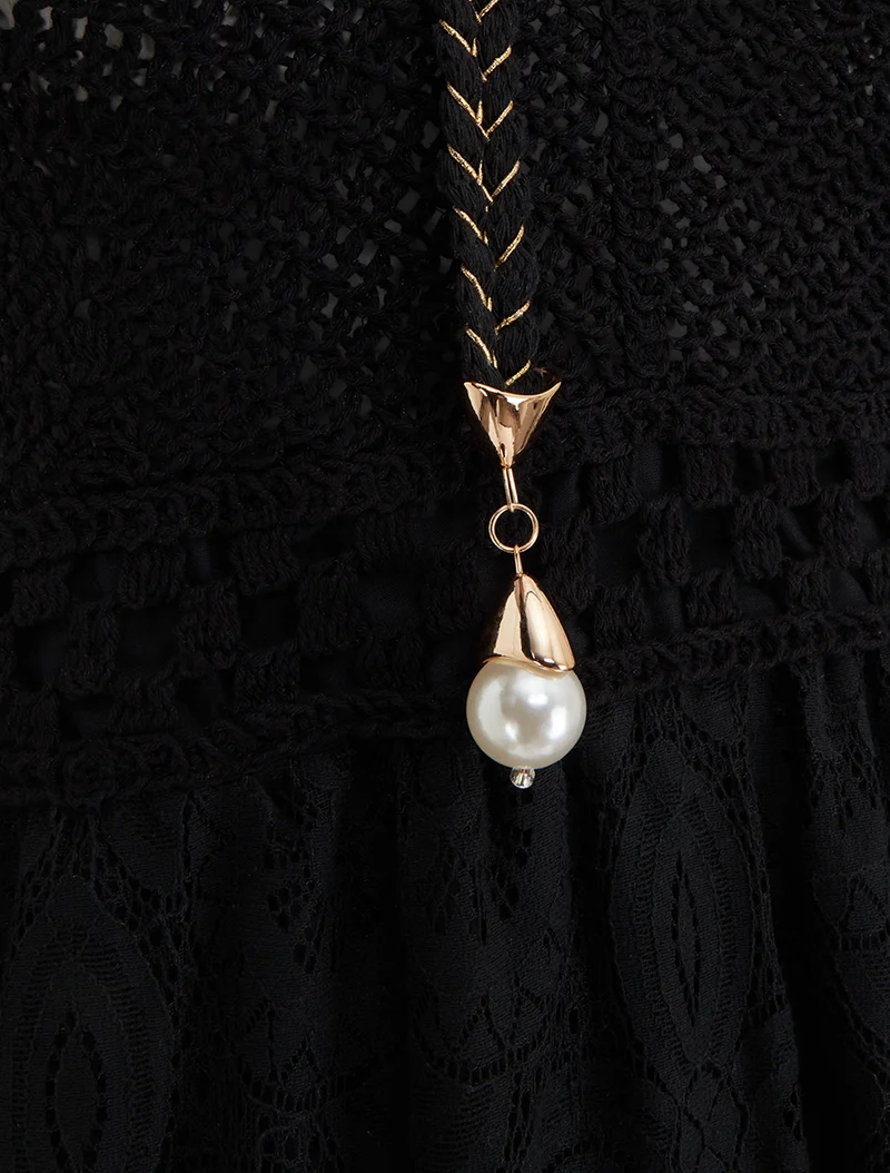 Robe longue en dentelle à bretelles tressées - Noir