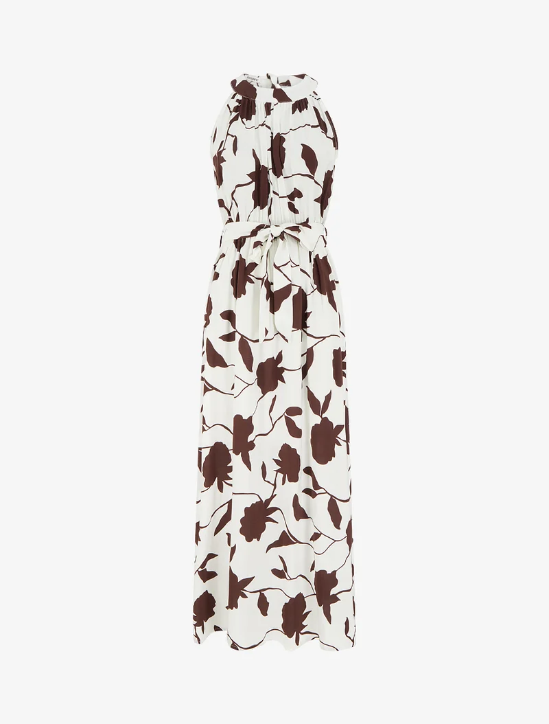 Robe longue élastiquée imprimé floral - Marron