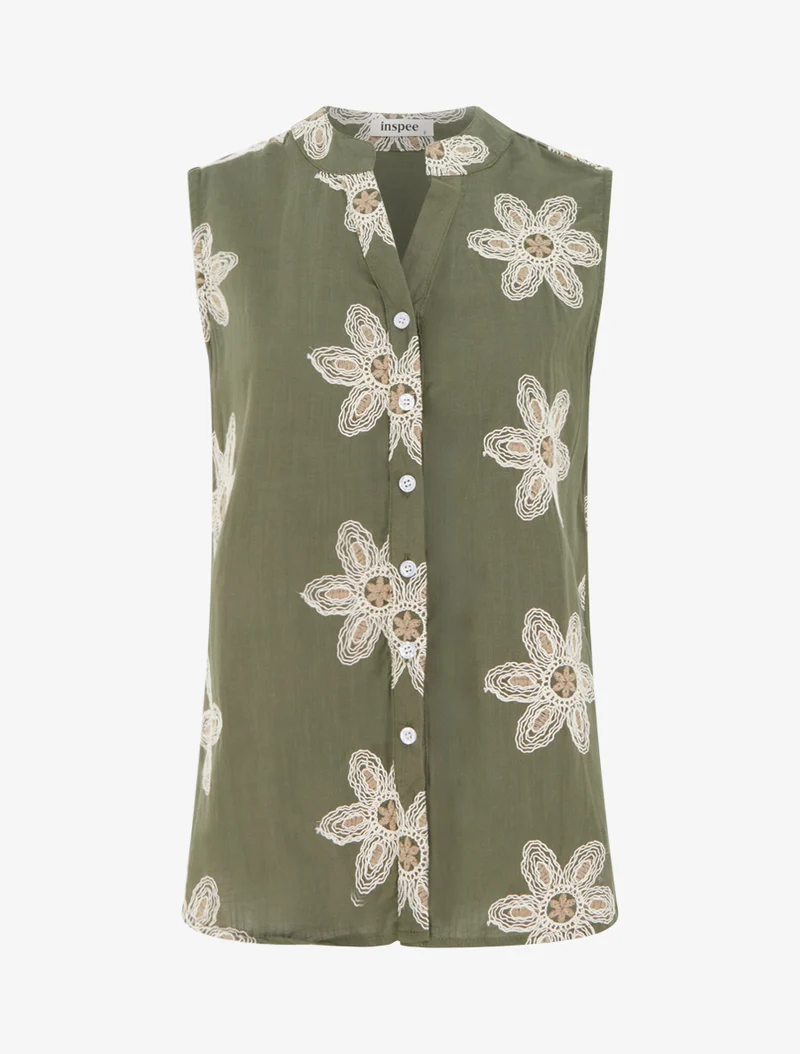 Blouse sans manches à broderies fleuries - Kaki