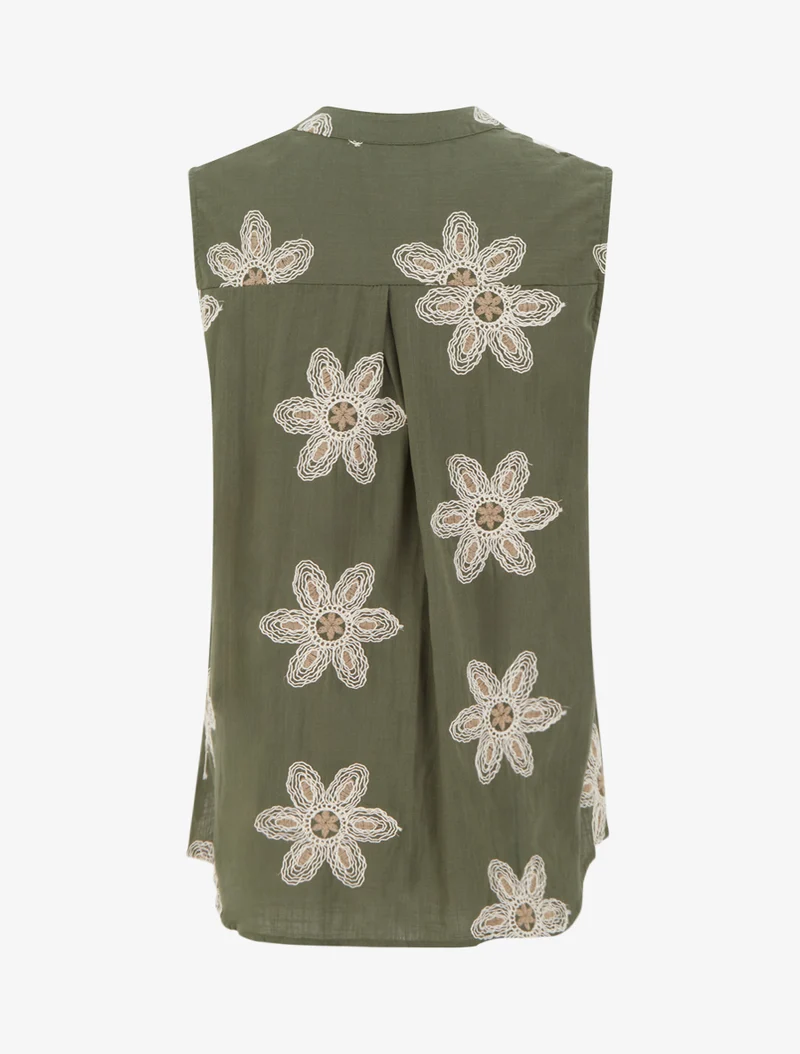 Blouse sans manches à broderies fleuries - Kaki