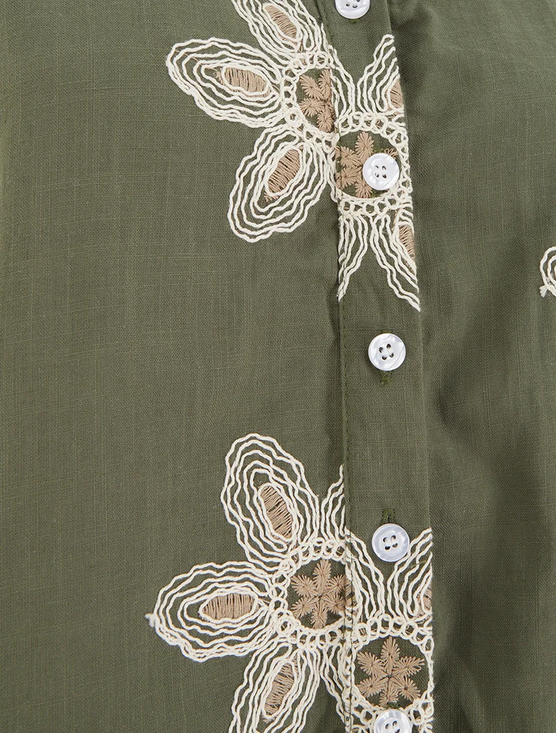 Blouse sans manches à broderies fleuries - Kaki